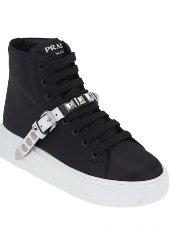 Prada Black High-Top Sneaker with Silver Studded Strap - Picture 2 of 8